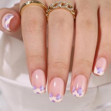 Imagem de RTKHFZE Unhas de pressão – ponta francesa quadrada de gel curto, desenhos, unhas adesivas reutilizáveis em 16 tamanhos – Kit de 32 unhas postiças, manchas roxas