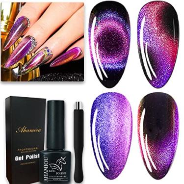 Imagem de AHAMIOU Esmalte magnético para unhas 9D Cat Eye Gel holográfico para olhos de gato com efeito mágico camaleão com bastão magnético (roxo e vermelho)