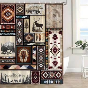 Imagem de LAEDCIITI Cortina de chuveiro rústica cabana chalé urso veado fazenda animal selvagem campo caça acampamento natureza floresta ocidental asteca vintage tecido geométrico conjunto de cortina de