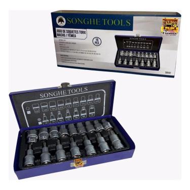 Imagem de 2X Kit Jogo Soquetes Torx Macho / Femea - 16 Peças + Maleta