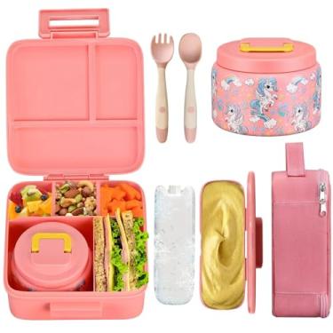 Imagem de Lancheira Infantil Térmica, Lancheira Bento com Pote Térmico de 236 ml, 5 Compartimentos à Prova de Vazamentos (Rosa)