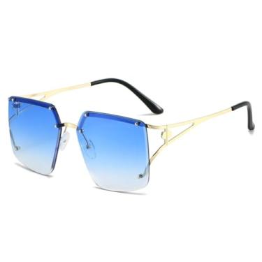 Imagem de HCHES Óculos de sol vintage femininos, moda feminina, sem aro, polígono, metal, rebite, armação grande (9080-C4)