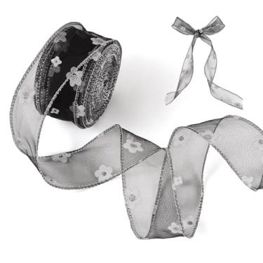 Imagem de Beadthoven Fitas de flores com fio de 21,87 metros para artesanato, fitas transparentes pretas de 3,5 cm, acabamento em tecido para laços grandes, embrulho de presente, guirlanda faça você mesmo