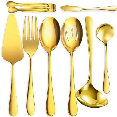 Imagem de IAXSEE 8 peças de utensílios de servir de aço inoxidável, colheres grandes com fenda, garfos, pinças de gelo, servidor de bolo, concha de sopa, conjunto de utensílios de metal, ótimo para buffet de