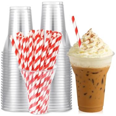 Imagem de Baderke Conjunto de 50 copos de parfait de plástico transparente de 350 ml com canudos de papel vermelhos descartáveis de raiz de cerveja copos de sorvete Sunda para milk shake bolo festa bebidas