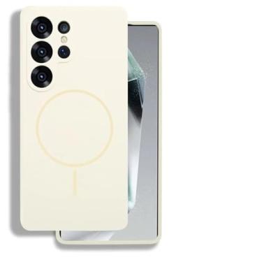 Imagem de HJZSZX Para Samsung S24 Capa de silicone líquido Capa magnética de carregamento sem fio macia (para Samsung S24/branco creme)