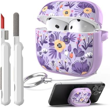 Imagem de TATOFY Capa com trava para Airpods 4, capa rígida de flores para iPod 4ª capa para mulheres e meninas com kit de limpeza de suporte de telefone (lavanda, AirPods 4ª)