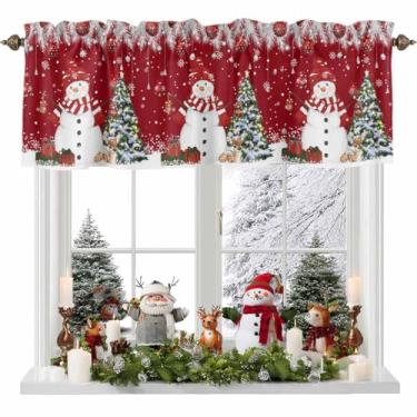 Imagem de Cortina de árvore de Natal com boneco de neve para janelas de cozinha, bola de Natal, cortina de camada de inverno, folhas de abeto, alce, vermelho, tratamento de janela, sanefas para quarto/sala de