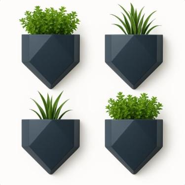 Imagem de Kit 4 Vasos De Parede Geométrico Poligonal Moderno Minimalista Elegante Decorativo Para Plantas Suculentas Cactos Samambaias Jiboias Arranjos Artificiais Pendentes Jardim Vertical Decoração (Preto)