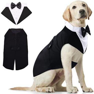 Imagem de Conjunto de smoking e bandana, pacote com 2 fantasias de animal de estimação: terno de festa formal de filhote - roupas para cães pequenos, médios e grandes - camisa de gravata borboleta de príncipe