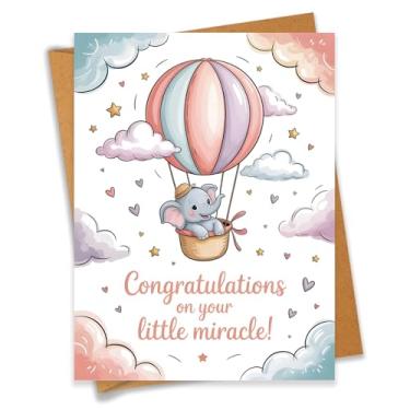 Imagem de PEONYNFOX Cute Elephant Congratulations On Your Little Miracle Baby Shower Card Newborn Congratulations New Parents - Tamanho 16 x 12 cm em branco por dentro com envelope Kraft