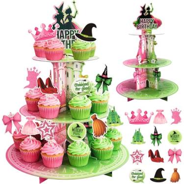 Imagem de Suporte de cupcake de princesa e bruxa com topos de cupcake – 3 camadas rosa e verde, torre de cupcake de feiticeiro infantil com 24 peças de enfeite de cupcake de bruxa e fada para decorações de