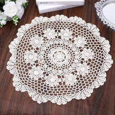 Imagem de Doilies de crochê, toalhas redondas grandes de 19,7 polegadas para mesas de algodão feitas à mão em renda com borda ondulada toalha de mesa de malha para casa, cozinha, sala de jantar, decoração de