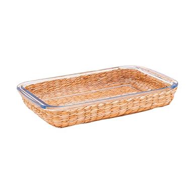 Imagem de Mimo Style Travessa Retangular Para Servir Feita Inteiramente em Vidro Borossilicato Com Suporte em Rattan, 3000ml. Ideal Para Servir Seus Pratos Preferidos, Complete Sua Mesa Com Nossa Travessa