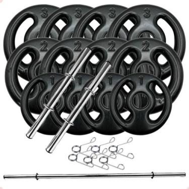 Imagem de Kit Anilhas Emborrachadas Preta 24 Kg + Barras com Presilhas - BOX ING