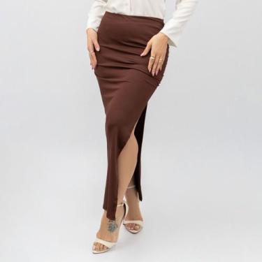 Imagem de Saia Feminina Longa Casual Midi Franzida Fenda Lateral Em Suplex Lança