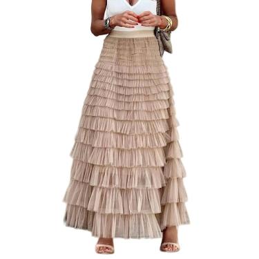 Imagem de Saia maxi de tule Flygo para mulheres, champanhe, tamanho L