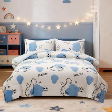 Imagem de Holawakaka Conjunto de edredom de pelúcia tamanho solteiro de dinossauro – Conjunto de cama de lã com estampa de dinossauro para crianças, meninos, meninas, quente, grosso, conjunto de cama de