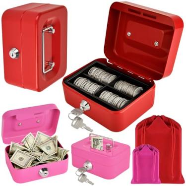 Imagem de SAFE2 pacotes de caixas de dinheiro de metal com fechaduras, caixas de dinheiro familiares médias pequenas de tamanho misto cofre com chave, organizadores portáteis de economia de dinheiro (vermelho e