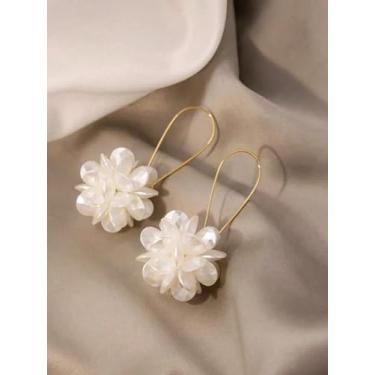 Imagem de Brincos de bola florais exagerados para mulheres, brincos geométricos longos, pétalas brancas, uso diário, joias modernas, Medium, Latão, Sem pedra preciosa