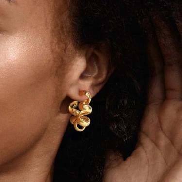 Imagem de Brincos femininos de argola em forma de C em forma de C banhados a ouro 14 K, joia grossa torcida para mulheres, Medium, Latão, Sem pedra preciosa