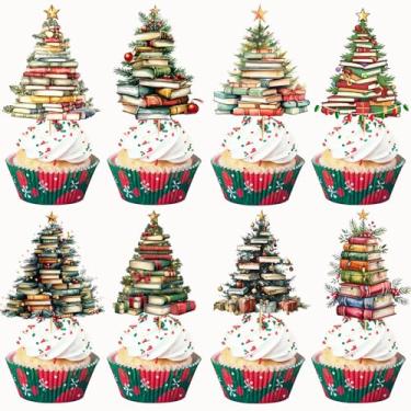 Imagem de 24 peças de enfeite de cupcake de Natal, decorações de bolo de livro de Natal, mini enfeite de livro, enfeites de livro do advento