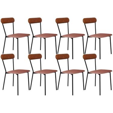 Imagem de Kit 08 Cadeiras Estofada Para Sala De Jantar Liora Preto C01 Linho Rosê Courino Caramelo - Lyam Decor