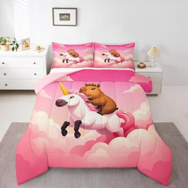 Imagem de Jogo de cama casal adorável capivara, unicórnio voador kawaii, amantes de animais capivara, para crianças, meninas, meninos, adoráveis roedores, safári selvagem, decoração de quarto de princesa rosa
