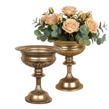 Imagem de WORTH Conjunto de 2 vasos de urna pequenos para centros de mesa, vasos de flores de trompete de metal clássico para mesa, vaso de tigela para festa de casamento, evento de decoração de casa (dourado