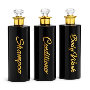 Imagem de uMadeUs Dispensador de xampu e condicionador – Garrafas essenciais de higiene – Shampoo recarregável para chuveiro e sabonete líquido, Diamante preto redondo, Large, Moderna