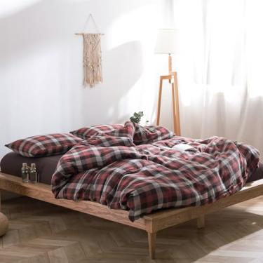 Imagem de VM VOUGEMARKET Jogo de cama xadrez de algodão musselina vermelho de Natal vermelho guingão macio e respirável com fecho de zíper para adultos - 3 peças, 264 x 228 cm