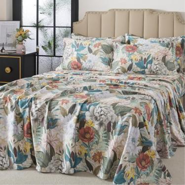 Imagem de FADFAY Jogo de lençol Queen, 100% algodão, cetim, macio, respirável, luxuoso, vintage, estampa de peônia grande e botânica, roupa de cama clássica estilo jardim, lençol com elástico alto, 4 peças