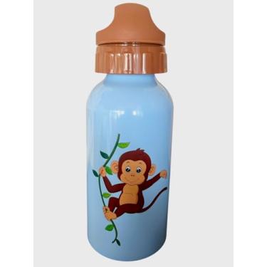 Imagem de Garrafa Infantil de Alumínio 500ml, Design Safari e Dinossauros, Tampa Rosqueável, 4 Cores, Material Leve e Resistente, Ilustrações de Animais para Escola e Viagens (Azul Macaco)
