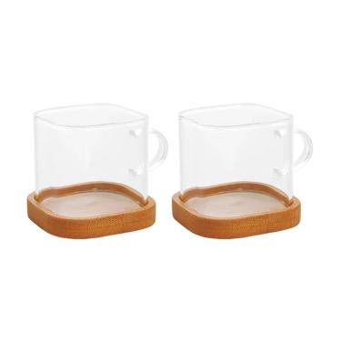 Imagem de Conjunto De Xícaras Em Vidro Borossilicato Com Pires De Bambu Com 4 Peças 130ml Mimo Style