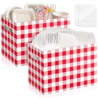 Imagem de 2 peças de porta-utensílios de papel de guingão vermelho para suprimentos de festa de guingão, porta-talheres descartáveis com alças para lembrancinhas de festa para decorações de aniversário xadrez