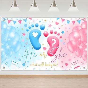 Imagem de Faixa de revelação de gênero balões azuis ou rosa pegada ele ou ela tema revelador de gênero banner decorações de festa adereços de cabine de fotos