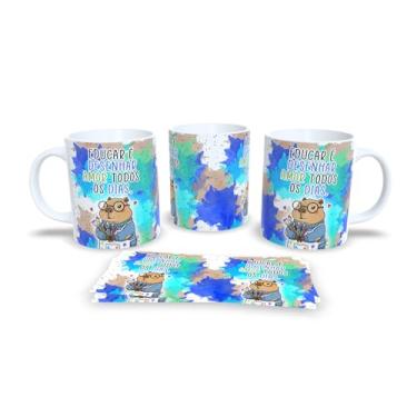 Imagem de Caneca Decorativa com Capivara Educadora, Porcelana Branca, Design Aquarela Azul e Verde, Mensagem Motivacional em Português (0001)
