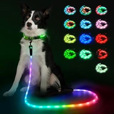 Imagem de YFbrite Coleira para cães com iluminação à prova d'água com 15 modos de piscar - Coleira LED super brilhante para cães pequenos, médios e grandes - Leashes leves tipo C recarregáveis para cães