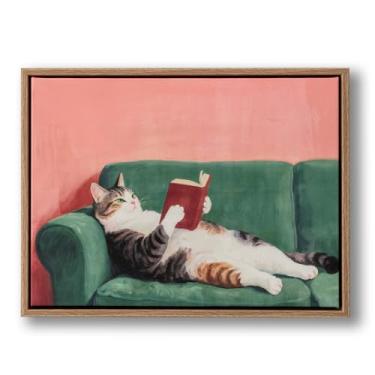 Imagem de Arte de parede de gato engraçado, pôster vintage de gato e livro, decoração de carrinho de bar, arte de leitura para amantes de livros, imagem de arte de animal fofo para quarto, sala de estar