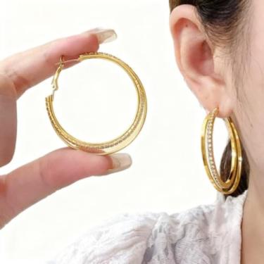 Imagem de Brincos de argola de ouro para mulheres, moderno, strass, duas camadas, redondo, pendurado, acessórios modernos, joias, presentes, Medium, Metal, Sem pedra preciosa
