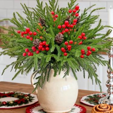 Imagem de FOUSUKA 60 ramos de pinheiro artificiais de Natal com hastes de frutas vermelhas e pinhas, ramos de pinheiro perenes sintéticos, hastes de vegetação de Natal para vaso faça você mesmo, guirlanda de