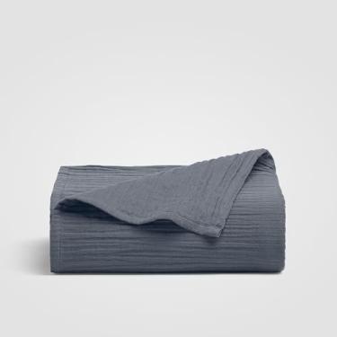 Imagem de Crane Home Lençol de cima Queen Zen enrugado, azul costeiro, 100% algodão, tecido enrugado certificado Oeko-Tex, roupa de cama de luxo respirável para todas as estações