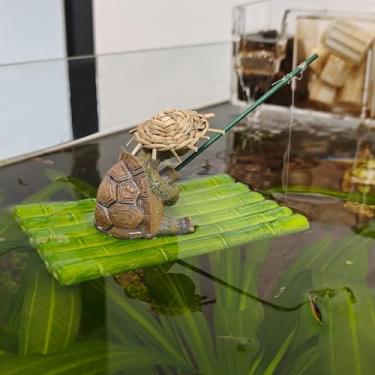 Imagem de qumHmup Tartaruga de resina em jangada de folha adorável decoração de aquário flutuante com chapéu de palha estatueta de resina para diversão aquática