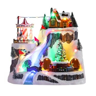 Imagem de WONDER GARDEN Casas de Aldeia de Natal - Casas de Natal - Edifícios Colecionáveis de Estância de Esqui Musical Iluminada com Trem em Movimento, Árvore Rotativa e Carrossel para Decoração Interior ou