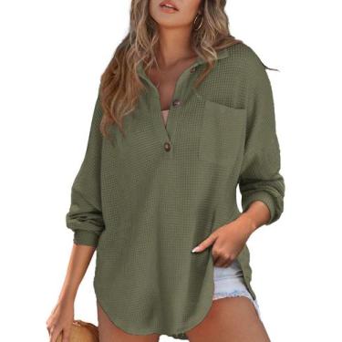 Imagem de Camisa feminina elegante Henley, manga comprida, decote em V, verde wa