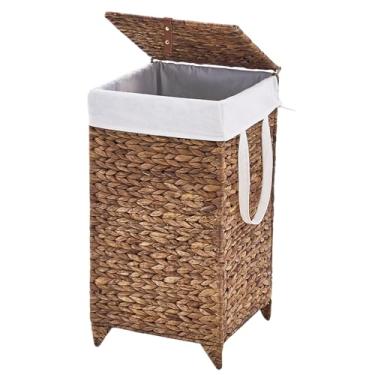 Imagem de LGENHOOM Cesto de roupa suja com tampa e saco de forro removível, cesto de roupas de jacinto natural tecido à mão com pés elevados, cesto de roupa de vime para roupas e toalhas, pequeno