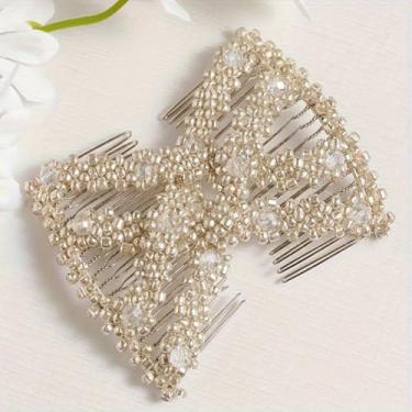 Imagem de Pente de cabelo feminino elástico mágico para decoração de beleza pente pérola elástico com contas laço duplo pentes para mulheres acessórios de cabelo - A