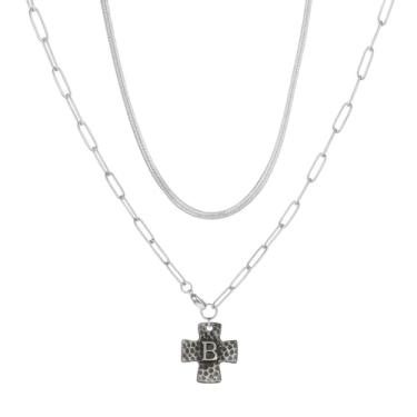Imagem de MANZHEN Colar de cruz grossa para mulheres, pingente de cruz com inicial em camadas, vintage, clipe de papel, espinha de peixe, gargantilha de cobra, joia de fantasia, 18 Inches, Metal, Sem Pedra