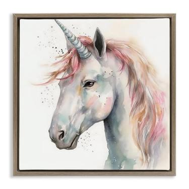Imagem de Stupell Industries Unicórnio com juba rosa cinza moldura flutuante arte de parede em tela, design por Creative Studio, 25 x 25
