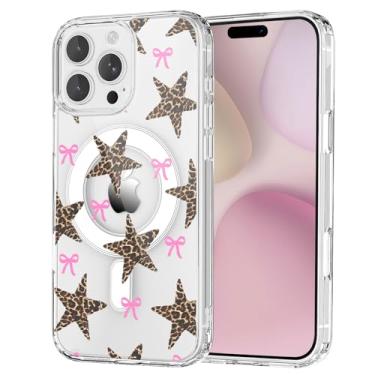 Imagem de OFQKOAKS Capa para iPhone 15 Pro, compatível com MagSafe, linda capa de telefone feminina retrô com laço de leopardo, capa protetora de ajuste fino magnético transparente para mulheres e meninas